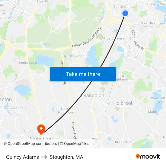 Quincy Adams to Stoughton, MA map