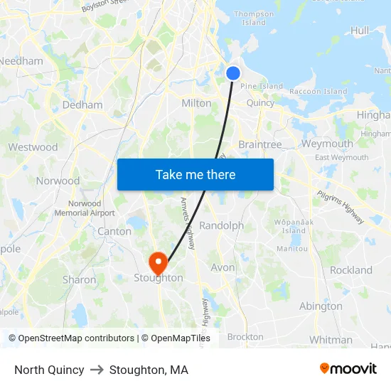 North Quincy to Stoughton, MA map