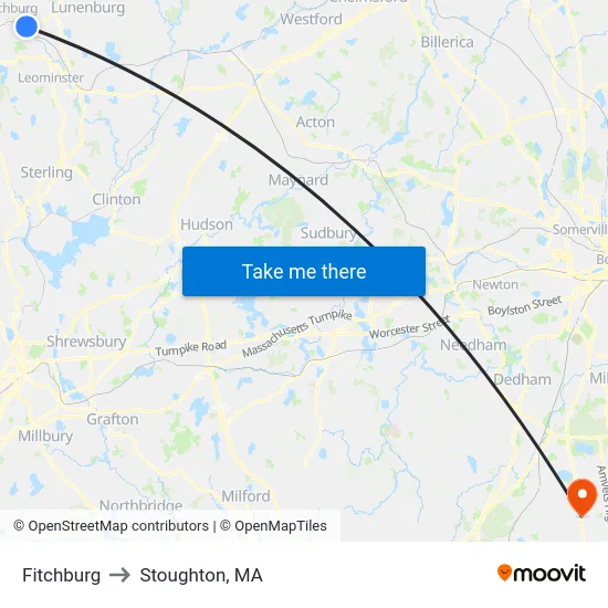 Fitchburg to Stoughton, MA map
