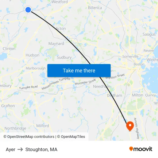 Ayer to Stoughton, MA map