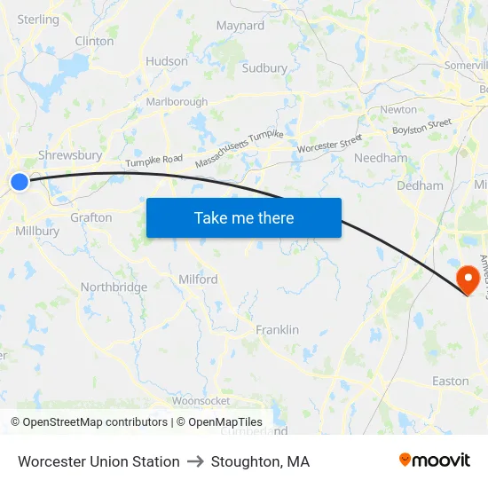 Worcester Union Station to Stoughton, MA map