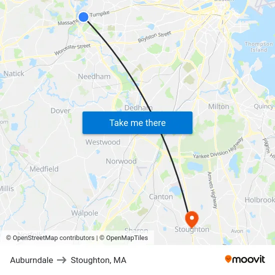 Auburndale to Stoughton, MA map