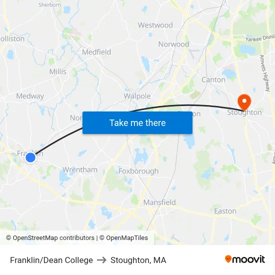 Franklin/Dean College to Stoughton, MA map