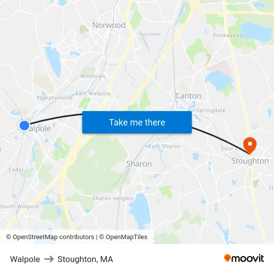 Walpole to Stoughton, MA map