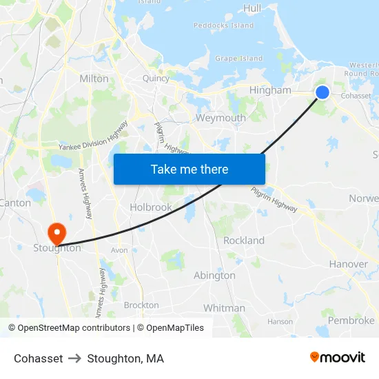 Cohasset to Stoughton, MA map