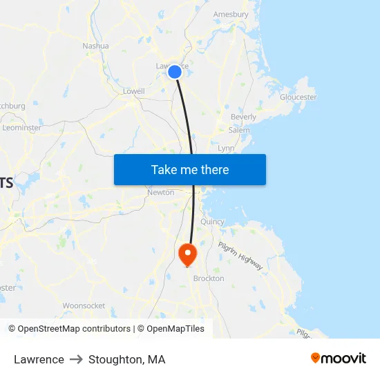 Lawrence to Stoughton, MA map