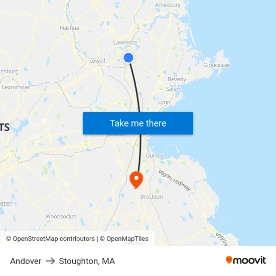 Andover to Stoughton, MA map