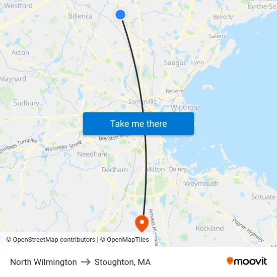 North Wilmington to Stoughton, MA map