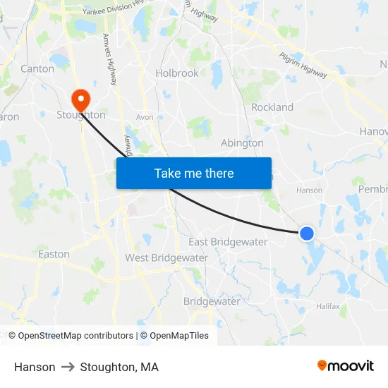 Hanson to Stoughton, MA map