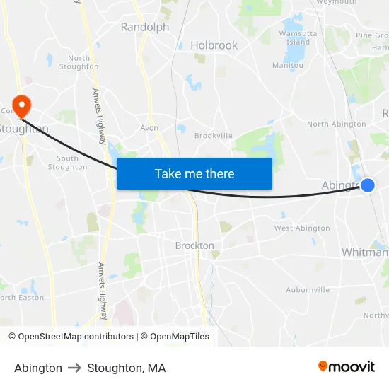 Abington to Stoughton, MA map