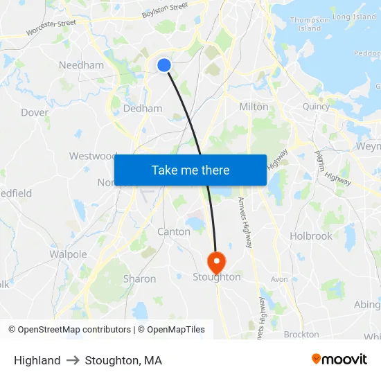 Highland to Stoughton, MA map