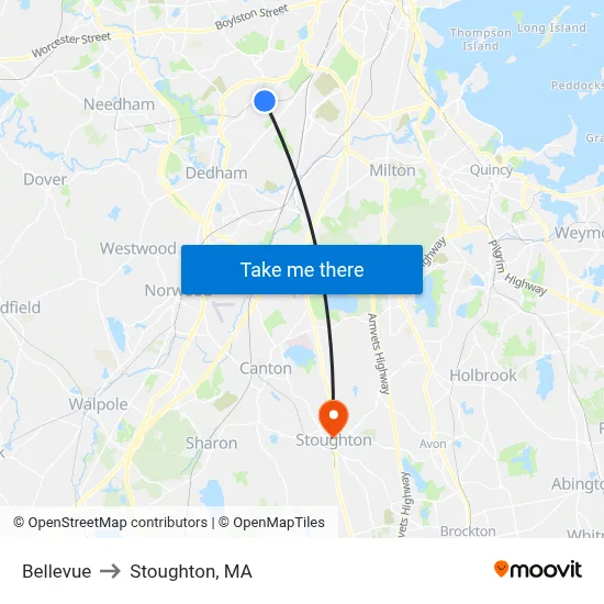 Bellevue to Stoughton, MA map