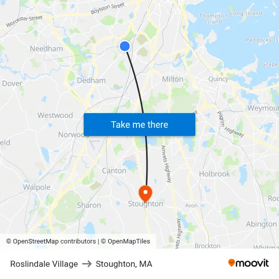 Roslindale Village to Stoughton, MA map