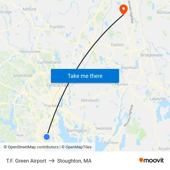 T.F. Green Airport to Stoughton, MA map