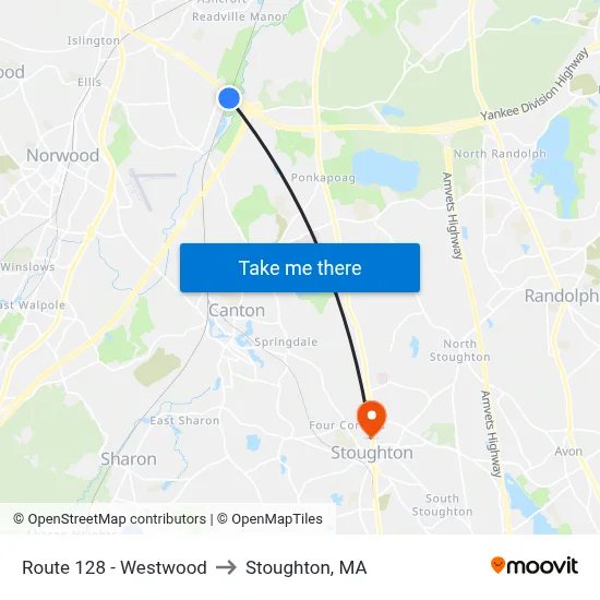 Route 128 - Westwood to Stoughton, MA map