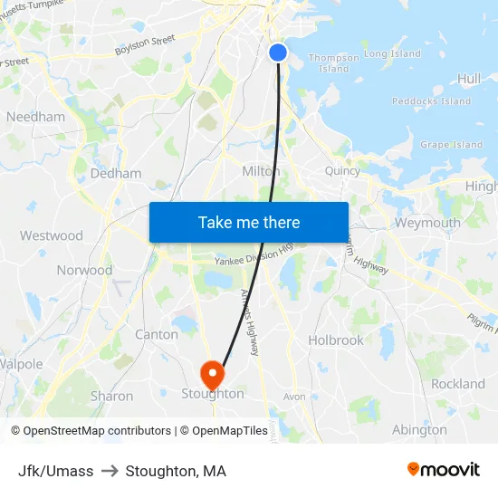 Jfk/Umass to Stoughton, MA map