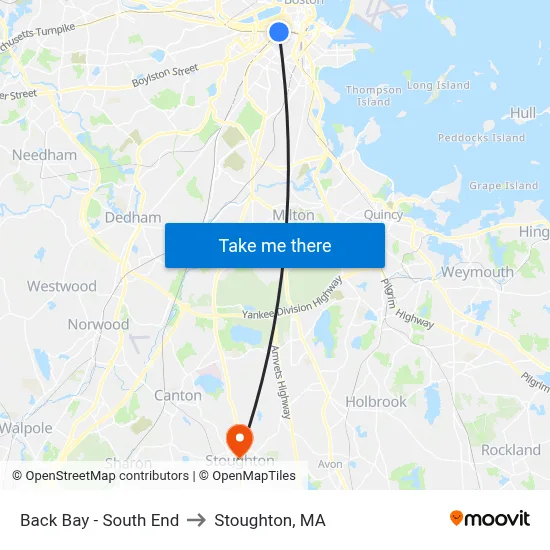 Back Bay - South End to Stoughton, MA map