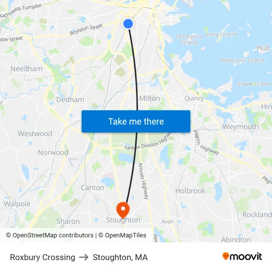 Roxbury Crossing to Stoughton, MA map