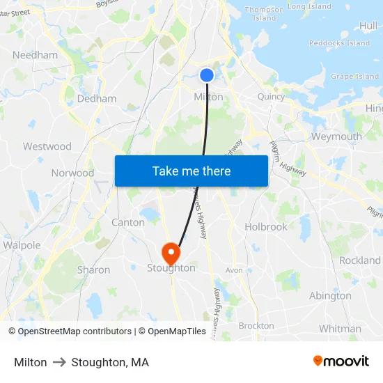 Milton to Stoughton, MA map
