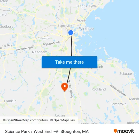 Science Park / West End to Stoughton, MA map