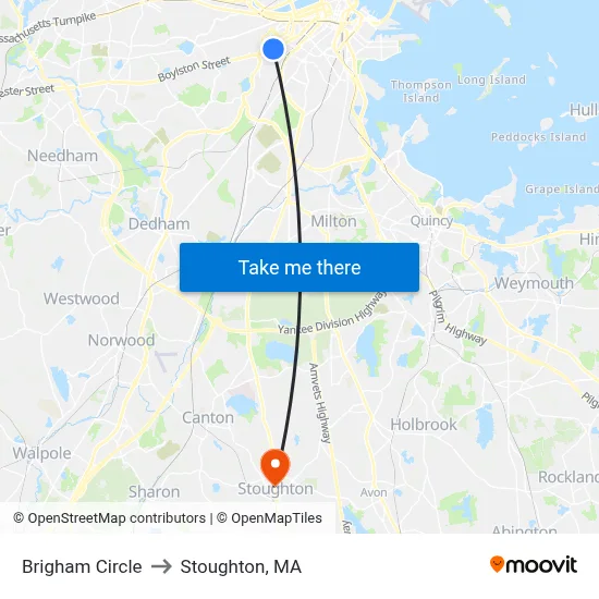 Brigham Circle to Stoughton, MA map