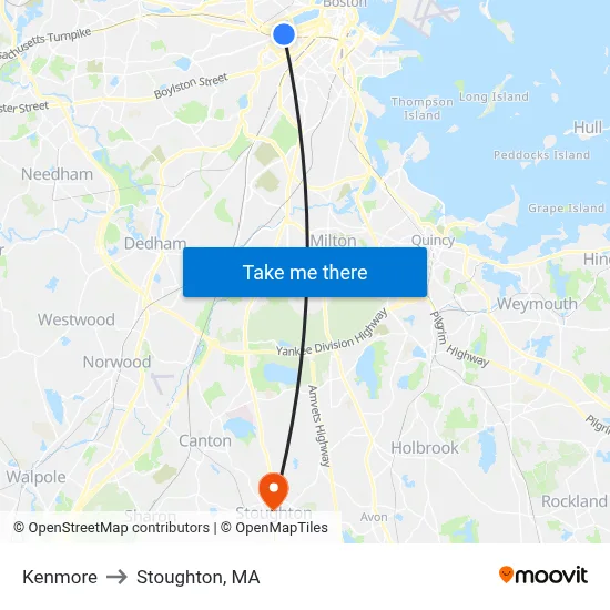Kenmore to Stoughton, MA map