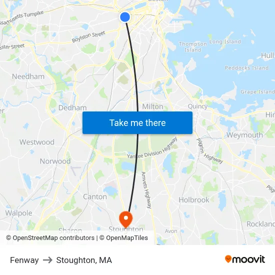 Fenway to Stoughton, MA map