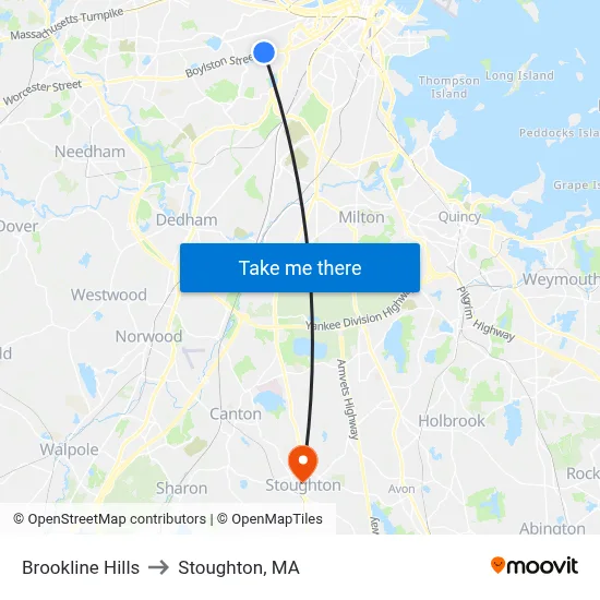 Brookline Hills to Stoughton, MA map