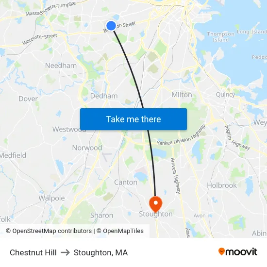 Chestnut Hill to Stoughton, MA map