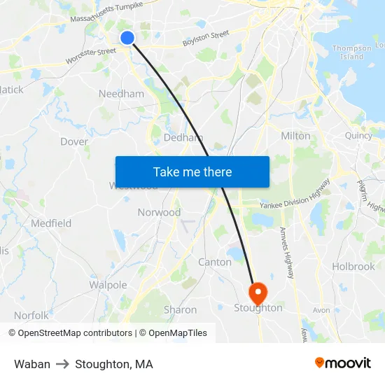 Waban to Stoughton, MA map