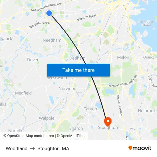 Woodland to Stoughton, MA map