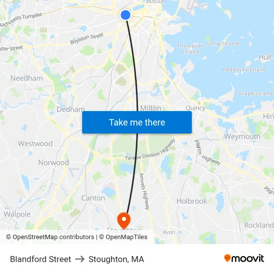 Blandford Street to Stoughton, MA map