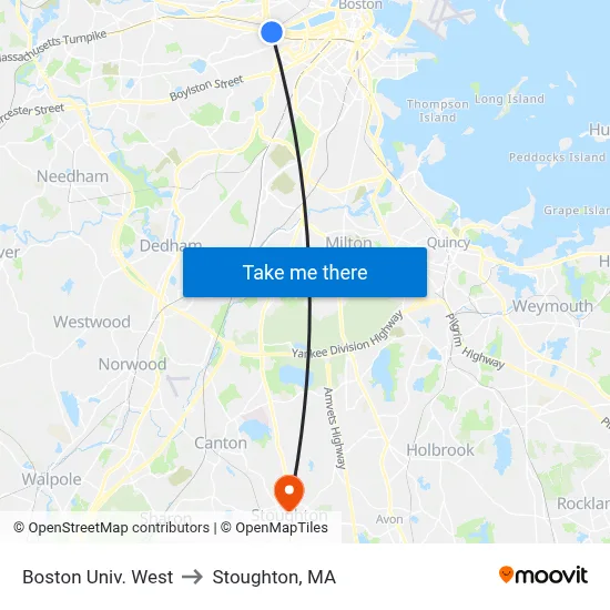 Boston Univ. West to Stoughton, MA map
