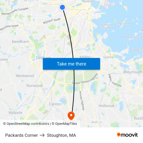 Packards Corner to Stoughton, MA map