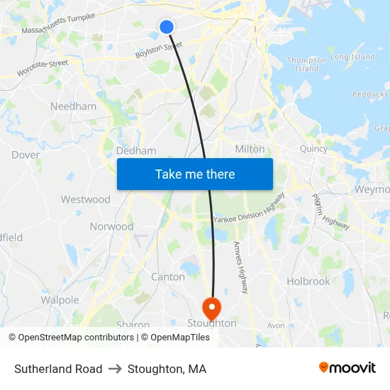 Sutherland Road to Stoughton, MA map