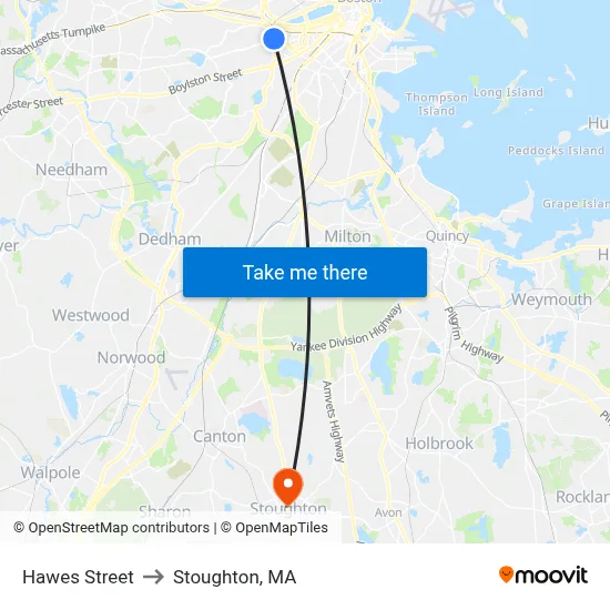 Hawes Street to Stoughton, MA map