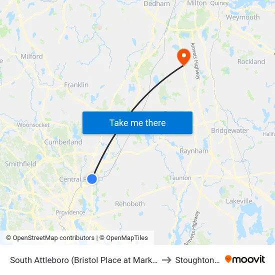 South Attleboro (Bristol Place at Market Basket) to Stoughton, MA map