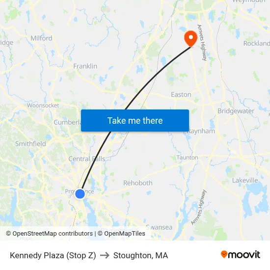 Kennedy Plaza (Stop Z) to Stoughton, MA map