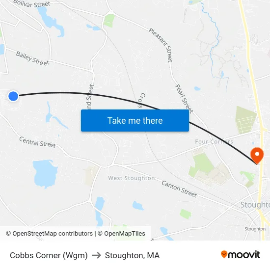 Cobbs Corner (Wgm) to Stoughton, MA map