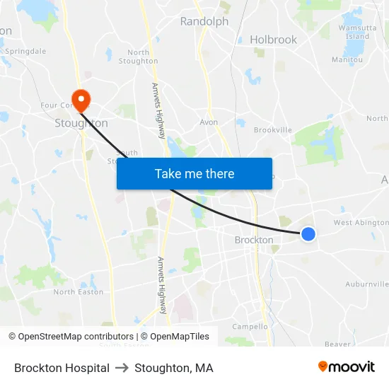 Brockton Hospital to Stoughton, MA map
