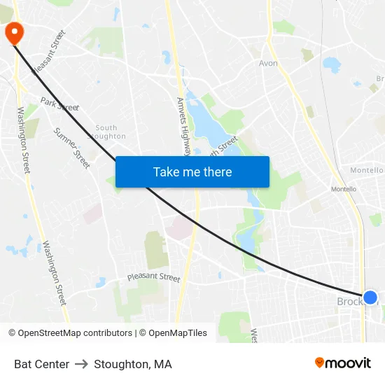 Bat Center to Stoughton, MA map