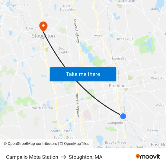 Campello Mbta Station to Stoughton, MA map