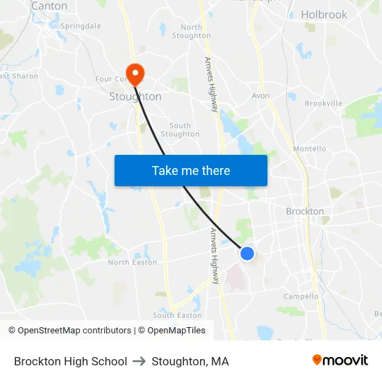 Brockton High School to Stoughton, MA map