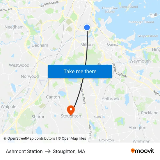 Ashmont Station to Stoughton, MA map