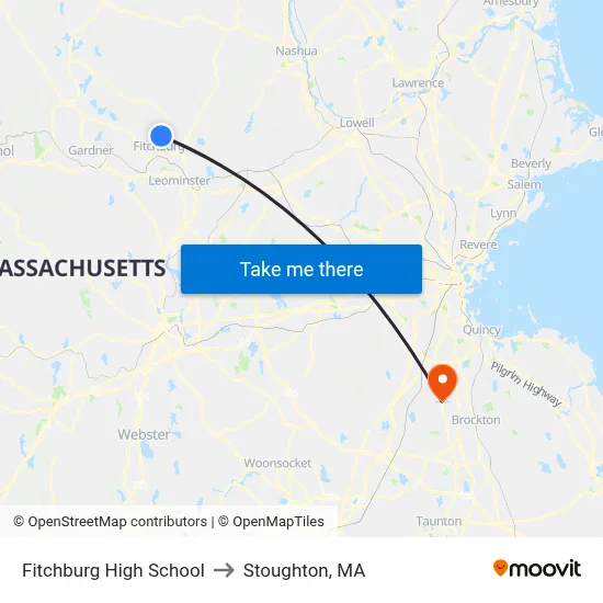 Fitchburg High School to Stoughton, MA map