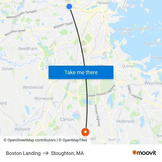 Boston Landing to Stoughton, MA map