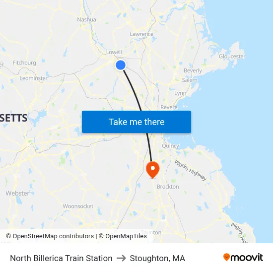North Billerica Train Station to Stoughton, MA map