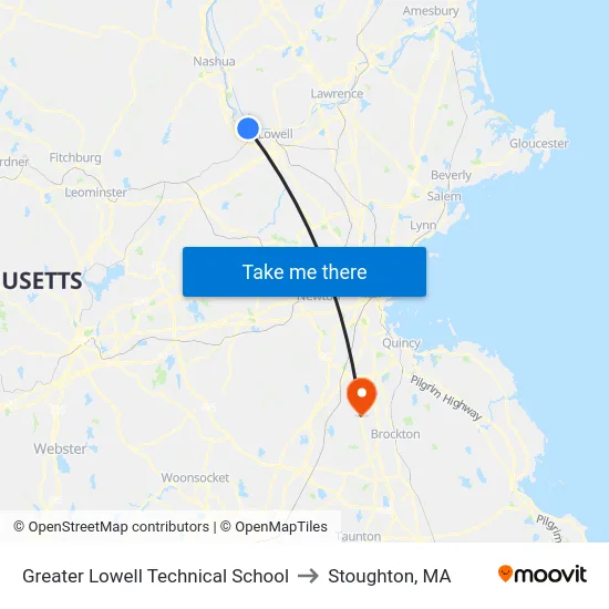 Greater Lowell Technical School to Stoughton, MA map