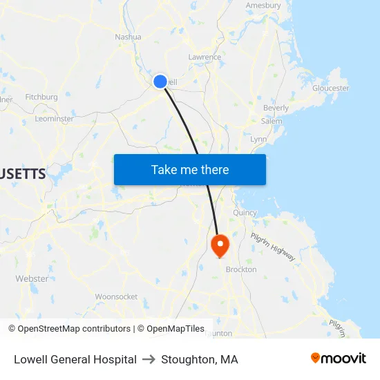 Lowell General Hospital to Stoughton, MA map