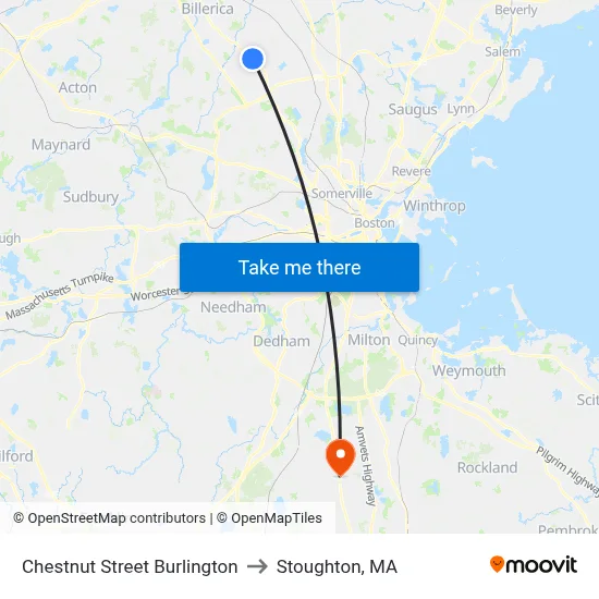 Chestnut Street Burlington to Stoughton, MA map